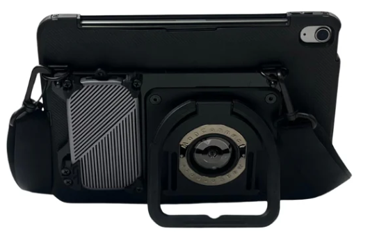 LogansVoice case with bluetooth speaker with adjustable stand/handle and strap.