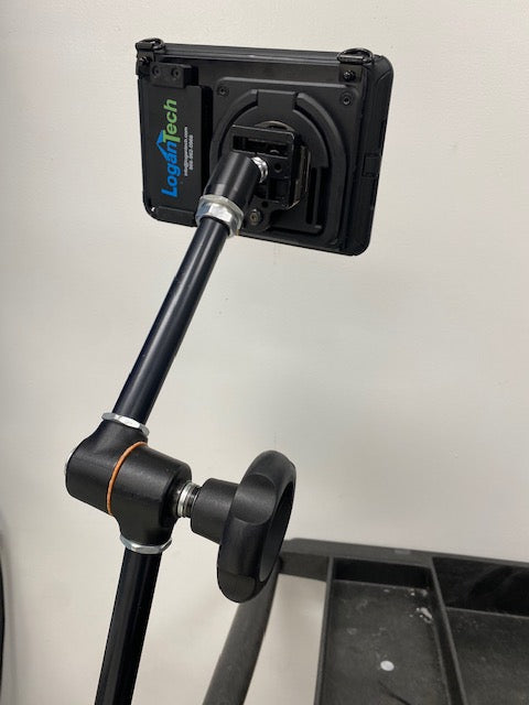 LogansVoice iPad mini case fitted to a mounting arm