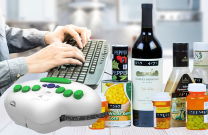 Hands typing into QWERTY keyboard connected to the 6dot Brialle Label Maker next to braille labeled products: can of corn, pepper, medication bottles, wine bottle, salad dressing