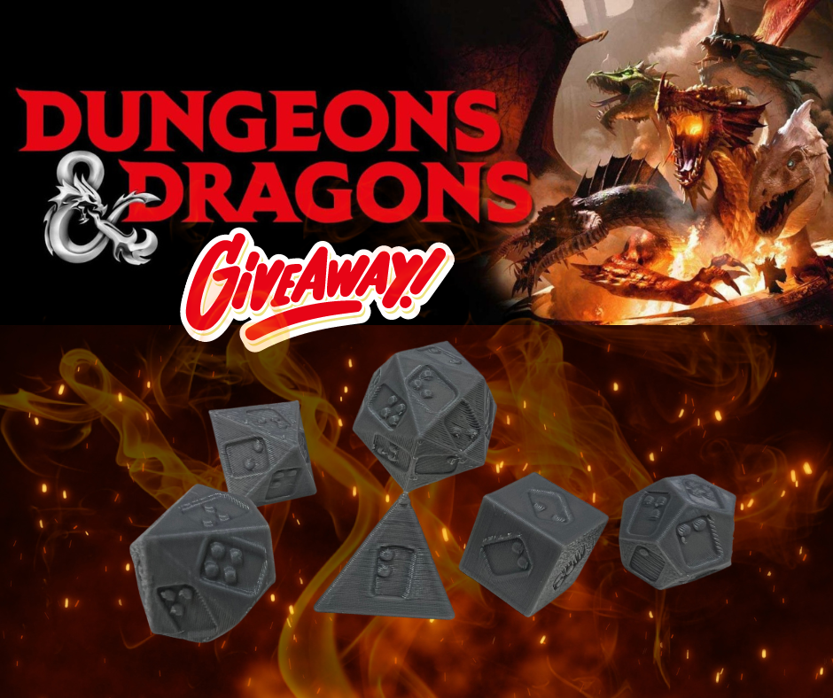 Text: Dungeons & Dragons Giveaway! Image of four dragon heads with fire and smoke showcasing our custom made braille Dungeons and Dragons dice set which are dark gray with braille embedded into each piece with six total pieces.