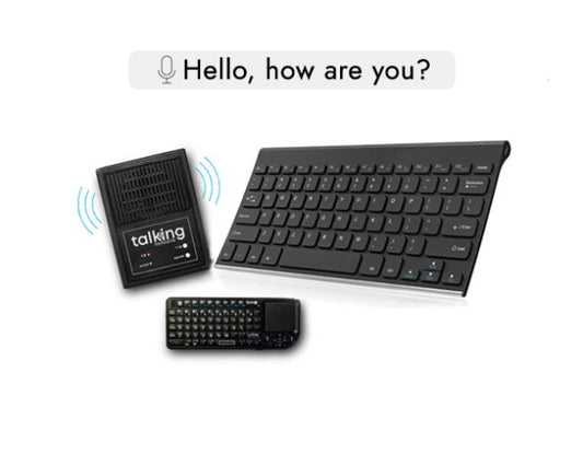 Two black keyboards—a full-sized wireless keyboard and a smaller mini keyboard with built-in trackpad—are shown alongside a black speaker labelled “talking,” emitting sound waves. Above them, a speech bubble reads, “Hello, how are you?” indicating the keyboards can generate speech via the speaker.