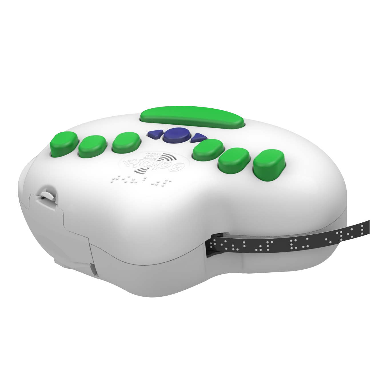 6dot Braille Label Maker with six green button braille keyboard, three blue buttons, and one green rectangular button to cut the tape when printing is complete, shown with black tape with braille imprinted exiting the unit