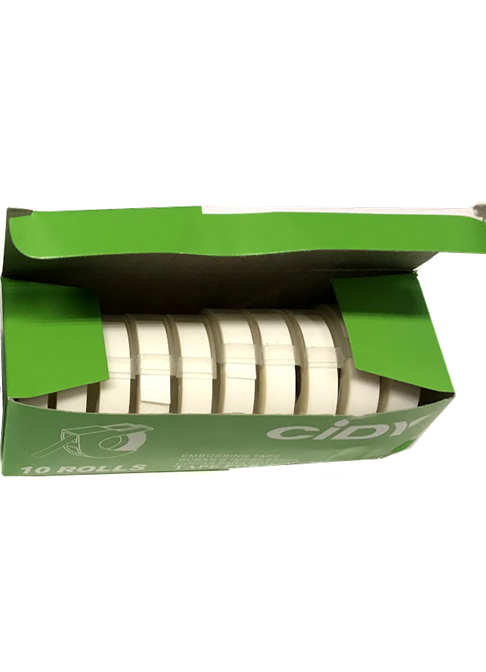Open green box with 10 rolls of clear labeling tape
