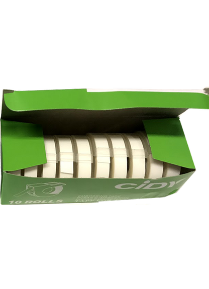 Open green box with 10 rolls of clear labeling tape