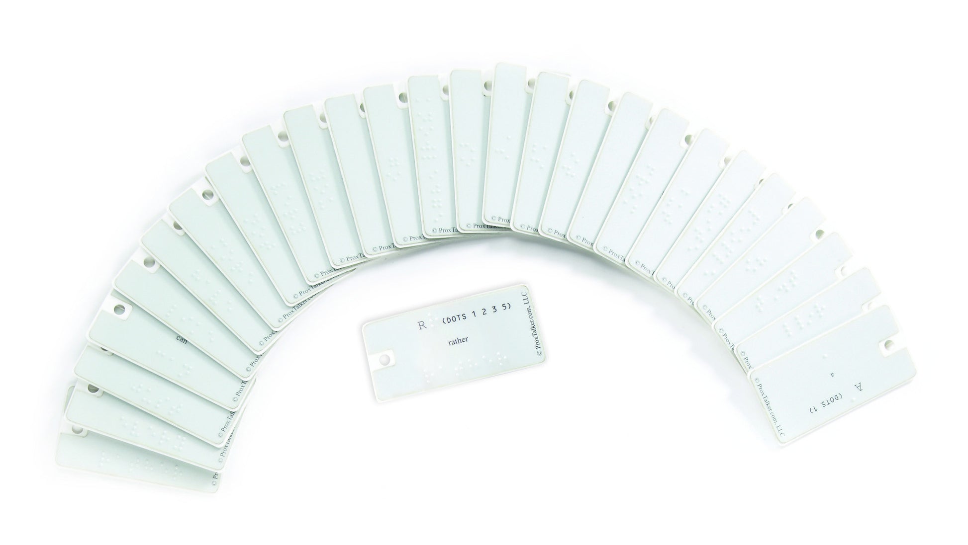 BrailleCoach Blank white tags fanned out in a half-circle